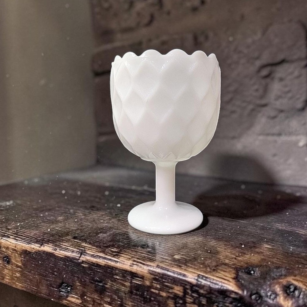Milk Glass Diamond Pedestal Compote, Vintage White Textured‎ Goblet, Replacement